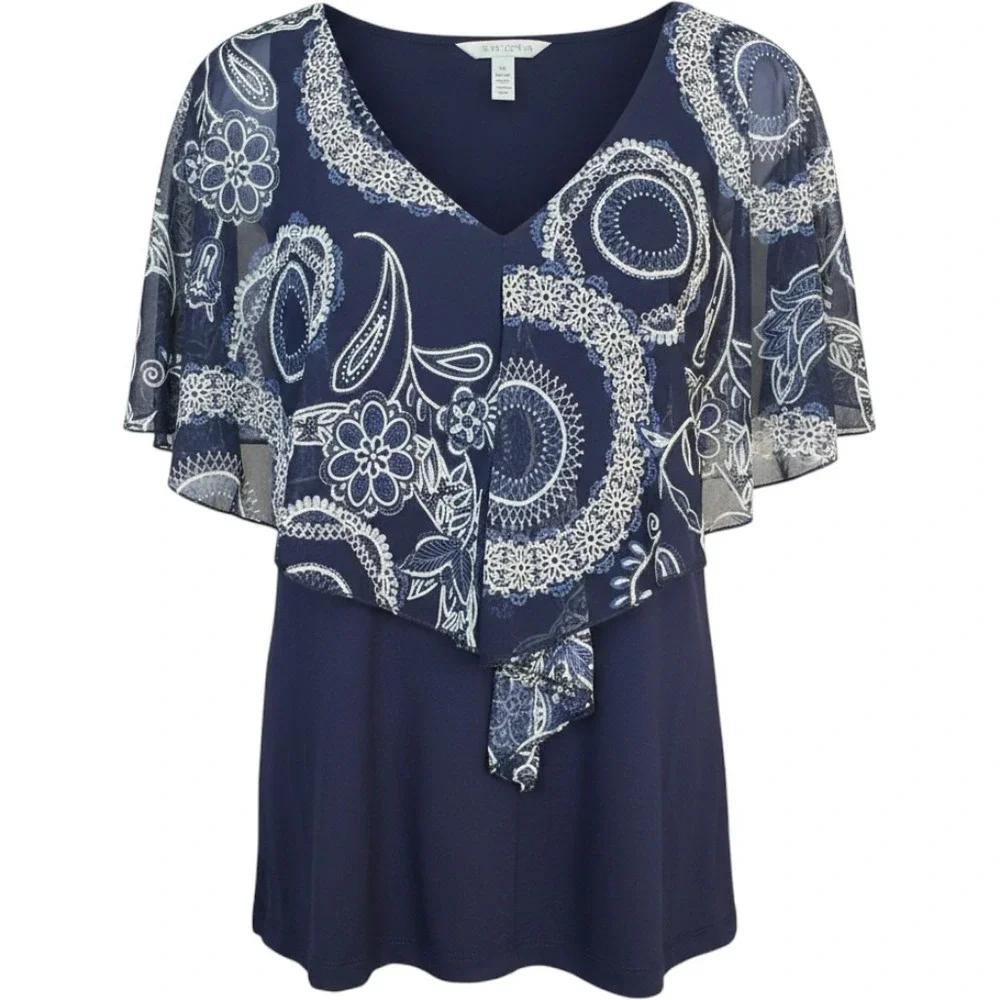 Espresso Navy Paisley Layered Blouse‎ Women's Small Asymmetrical Overlay Top